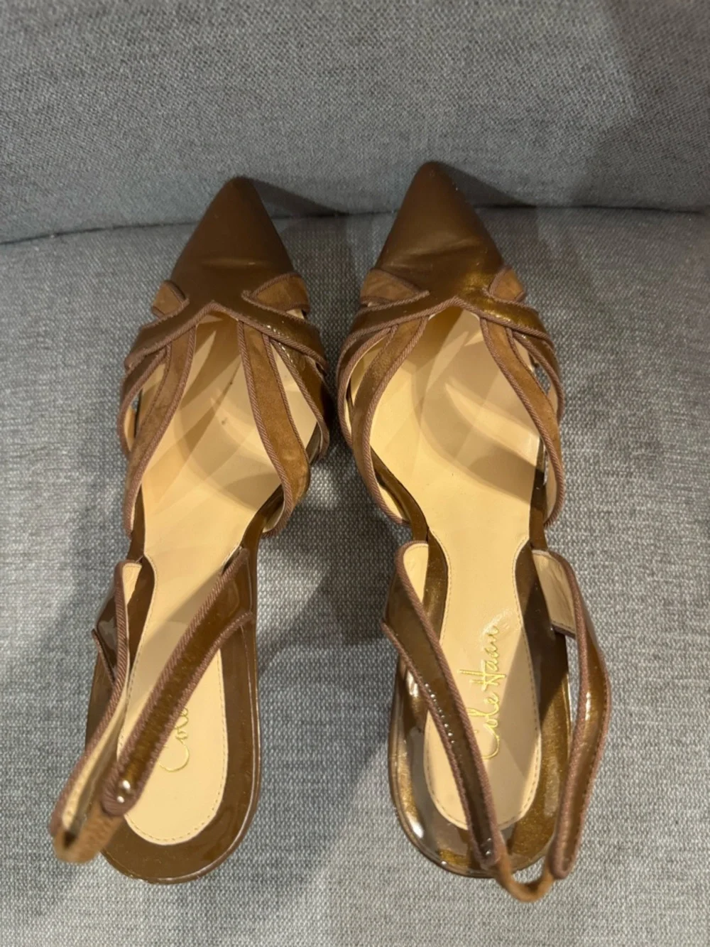 Cole Haan Brown Patent Leather Slingback Heels Size 8 Pointed Toe Suede Strappy - Picture 6 of 8